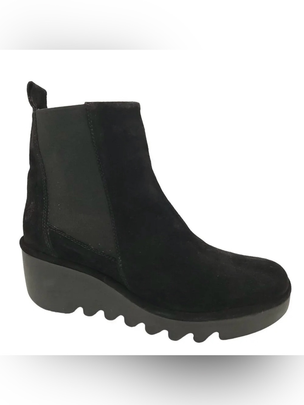 Fly London Bagu indie suede ankle wedge bootie. Size 40 Us 9 1/2. Black